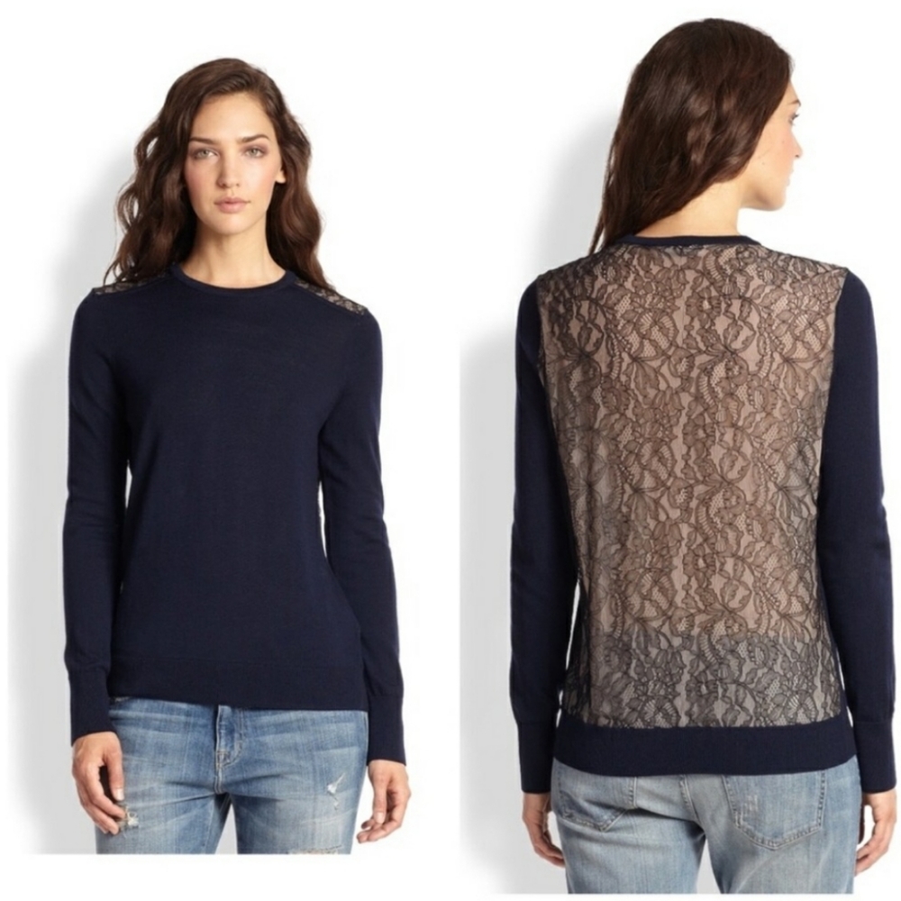 Equipment Femme Wool Sweater Pearl Lace Back Sweater Navy Blue size Small